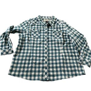 New Brit & Bridle Womens Green Tan Checked Pearl Snaps Button Down Shirt Size 3X